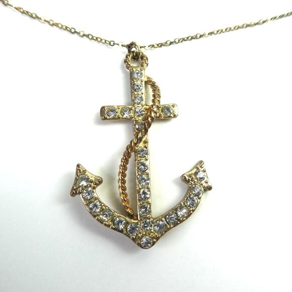 Anchor Rhinestone Sparkly Nautical Marine Gold Tone Pendant Chain Necklace 26" - Picture 1 of 10